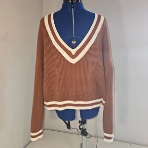 Vici women lrg copper v neck classic academia preppy cotton long sleeve sweater